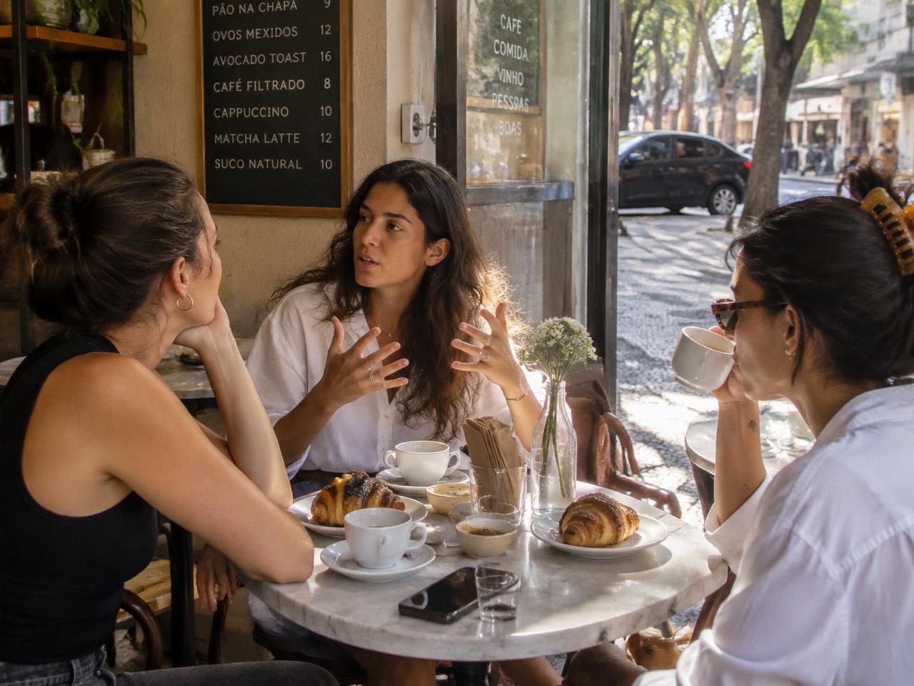 Mulheres conversando em um café numa manhã de sábado