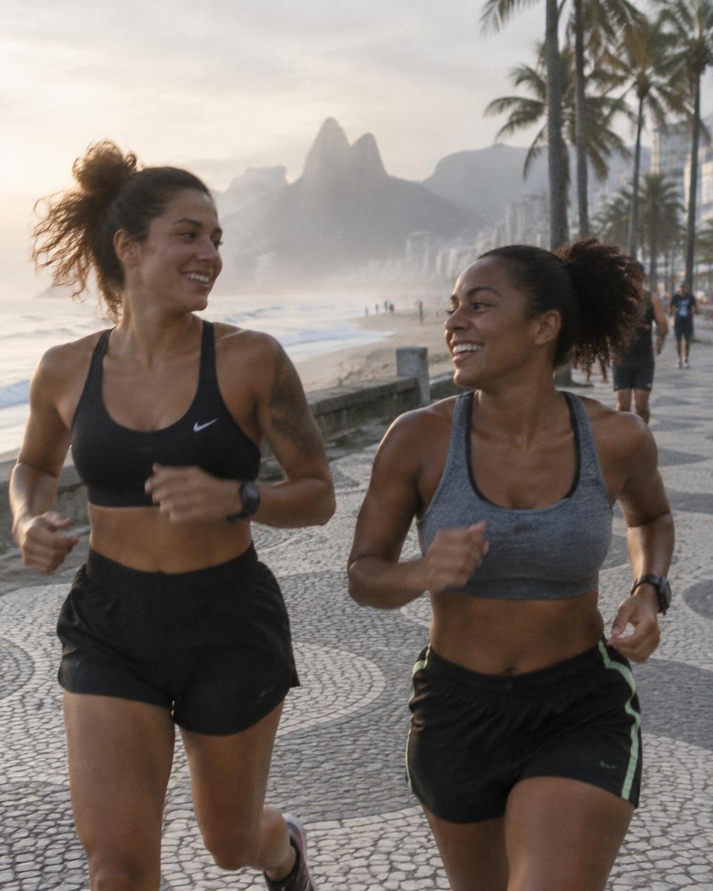 Duas mulheres correndo na orla ao amanhecer