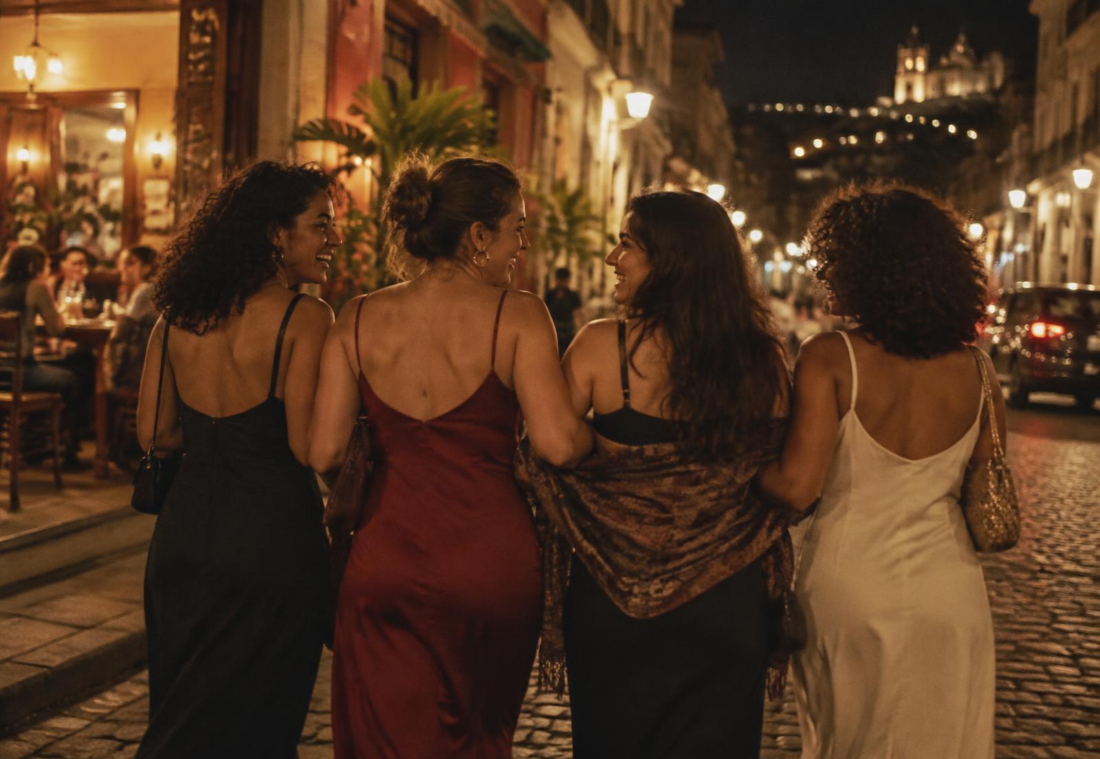 Mulheres caminhando juntas e rindo depois de um encontro à noite