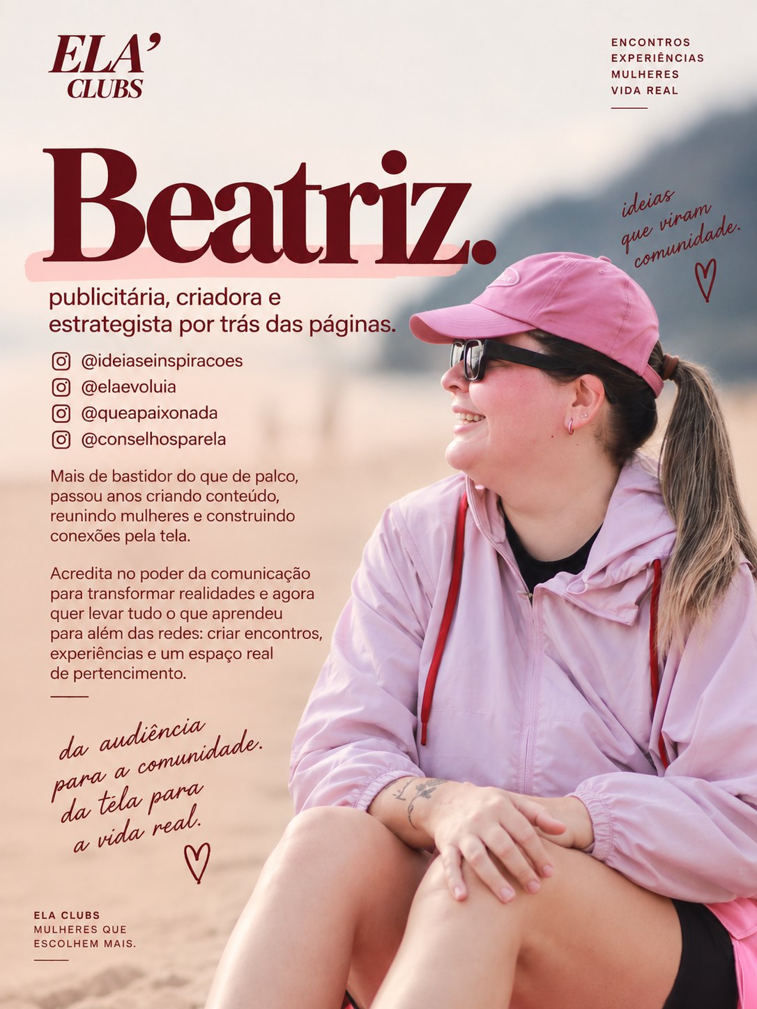 Beatriz, uma das fundadoras do Ela Clubs, sentada na praia