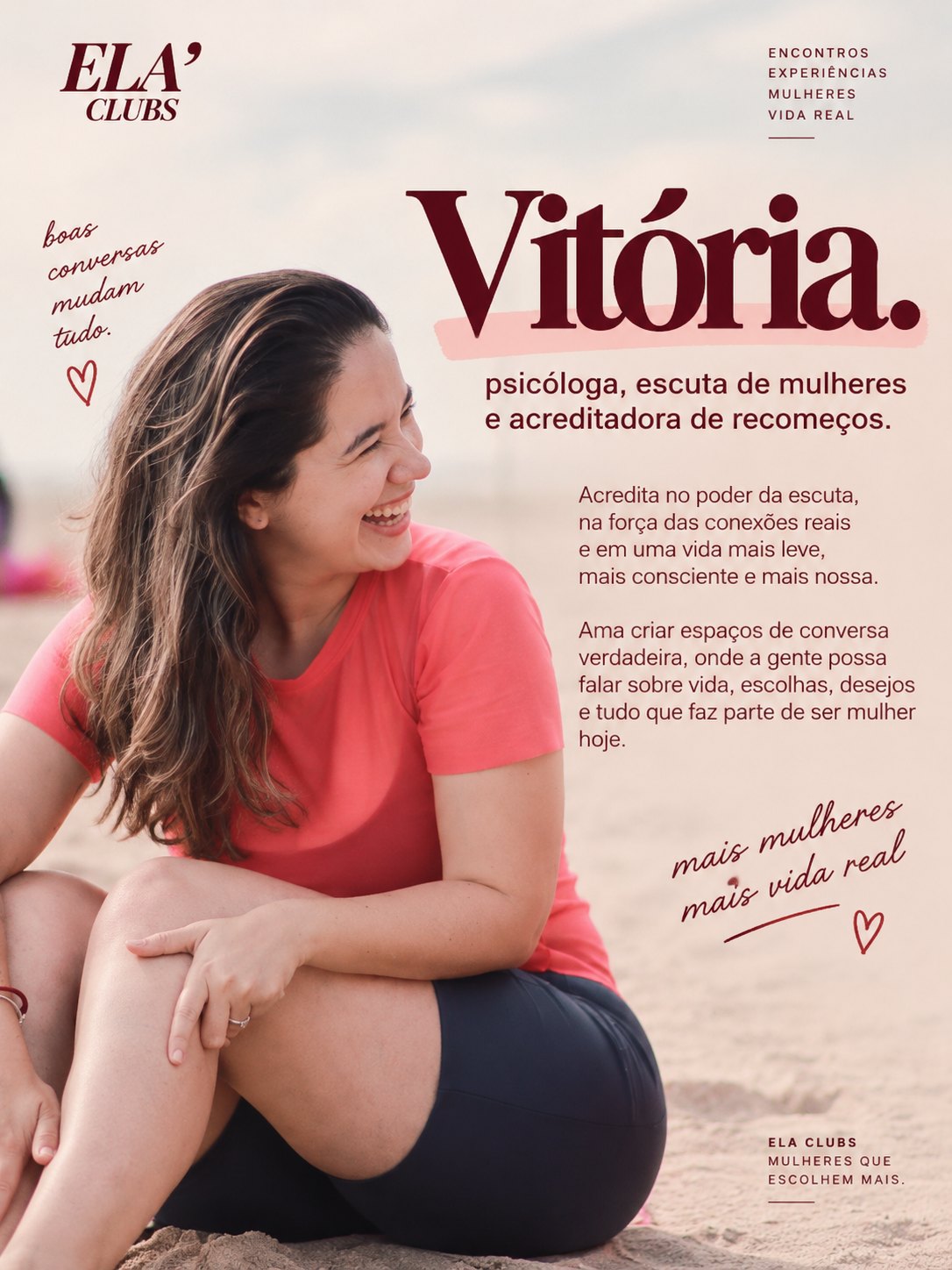 Vitória, uma das fundadoras do Ela Clubs, sentada na praia